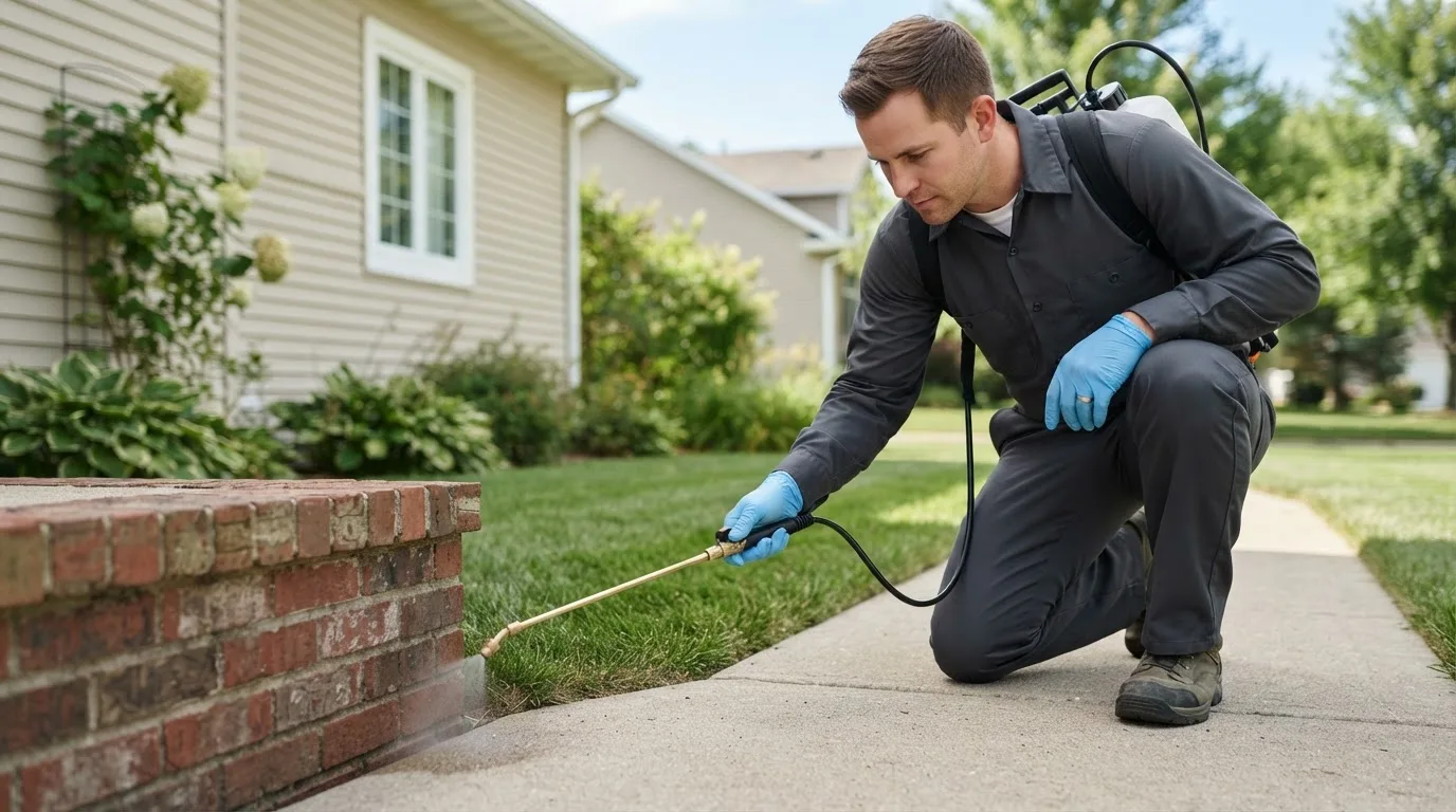 Pest control technician treating a home near East Berkshire, VT
