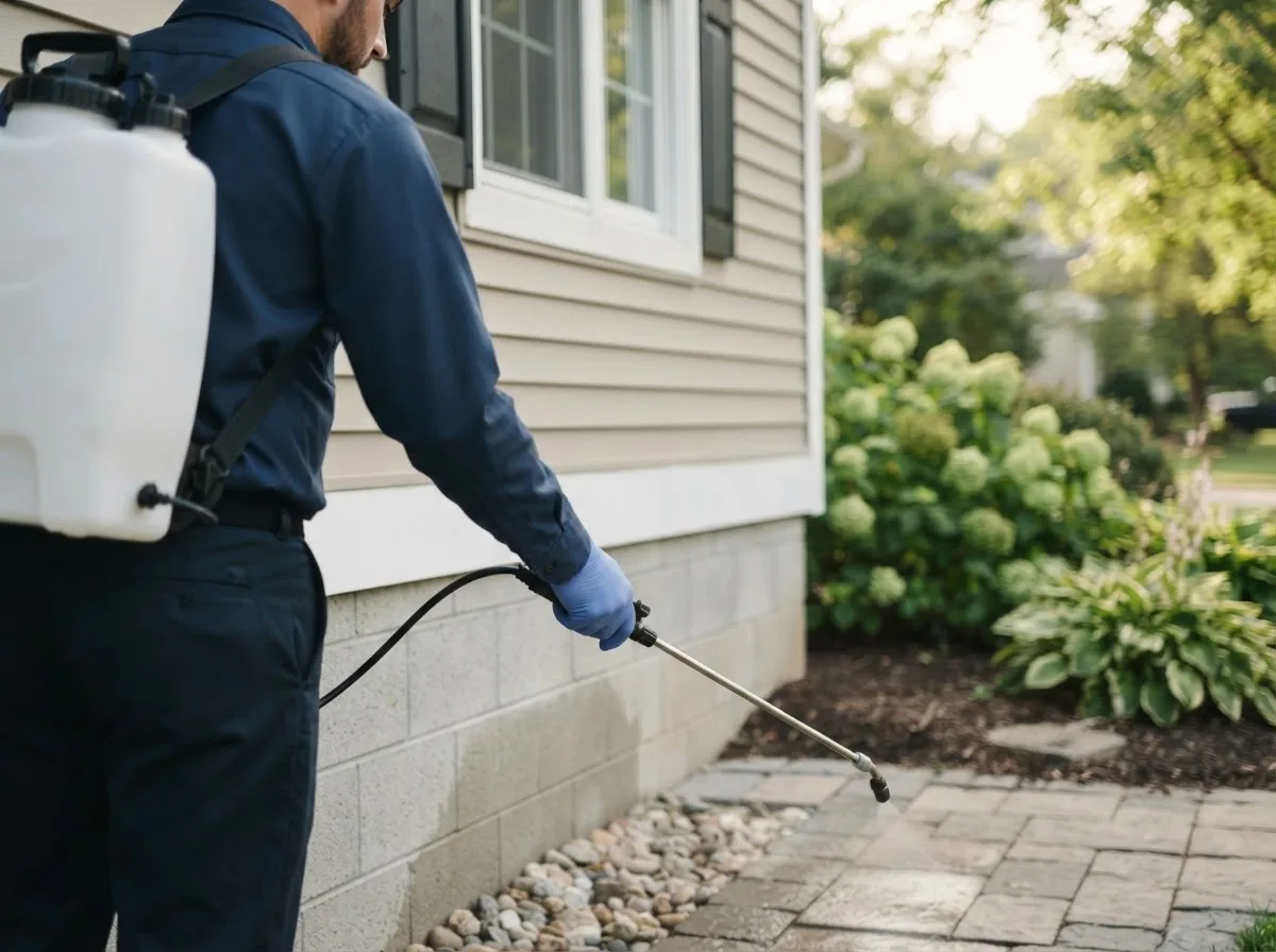 Pest control technician inspecting a home in East Berkshire, VT
